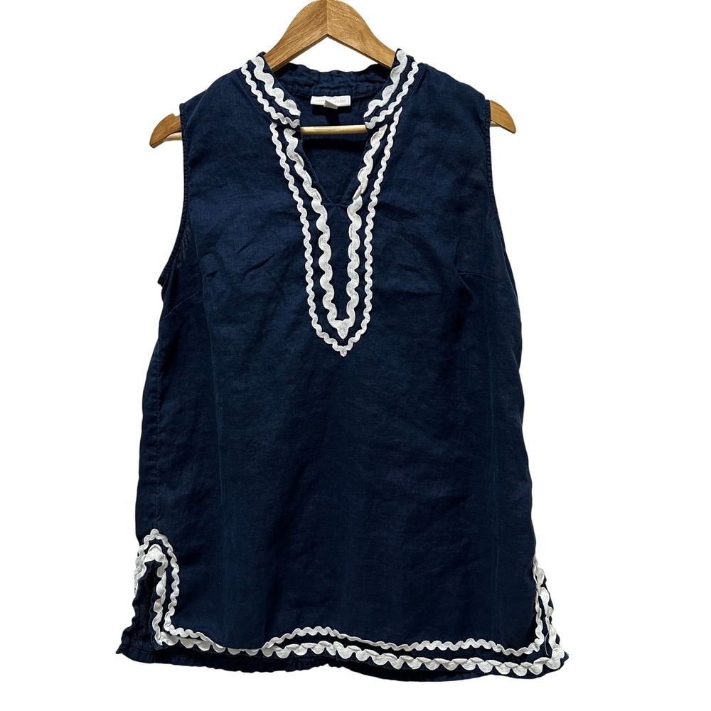 Charter Club Tunic Top Womens L Navy Blue Linen‎ Ric Rac Trim Sleeveless V-Neck